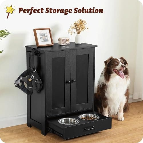 ALINE FURNITURE Dog Feeding Station with Storage Cabinet and 2 Elevated Dog Bowls, Hidden Pet Feeder Station Wood, Dog & Cat Storage Organizer, Black thumbnail 3
