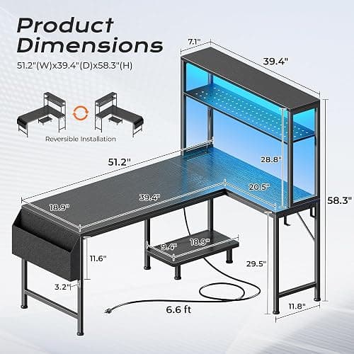 PRAISUN L Shaped Gaming Desk with LED Lights & Power Outlets | Reversible Computer Desk with Storage Shelves & Bag, Large Corner Home Office Desk with Pegboard for Work from Home, Black thumbnail 2