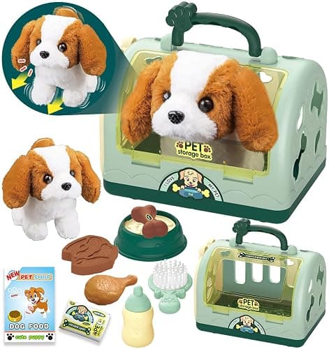 TEUVO Pet Care Play Set Robot Dog Toys for Kids, 12Pcs Kids Pretend Play Feeding Walk Bark Puppy Pet Toys with Interactive Electric Dog Plush & Cage, Xmas Gifts for Girls Toddlers 3 4 5 6 7 Years Old - Image 1
