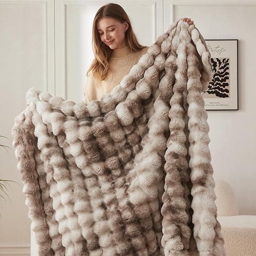 COOVA Faux Fur Throw Blanket for Couch, Cozy Soft and Fuzzy Plush Rabbit Fur Bubble Blanket for Sofa Bedroom Living Room, 50x60 Inches Tie Dye Brown thumbnail 4