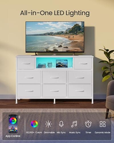 SONGMICS Dresser for Bedroom with Outlets & LED Lights, 8 Fabric Drawers | TV Stand for TVs Up to 55 Inches, Chest of Drawers with Steel Frame, Cloud White, BELLAH Collection ULGS433WH02S thumbnail 5