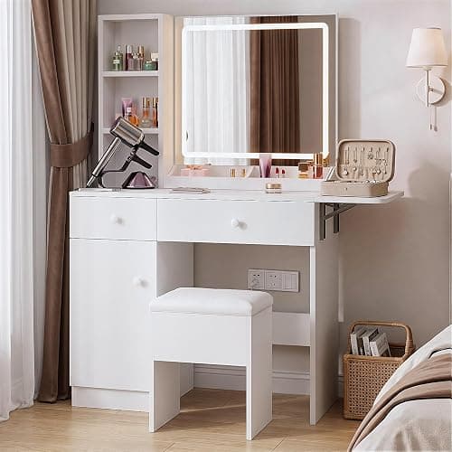 Haewon Vanity Desk Set with Lighted Mirror and Chair, White | Makeup Table with 3 Color Lighting Modes, Charging Station, Storage Cabinet and Drawers for Bedroom - Image 1