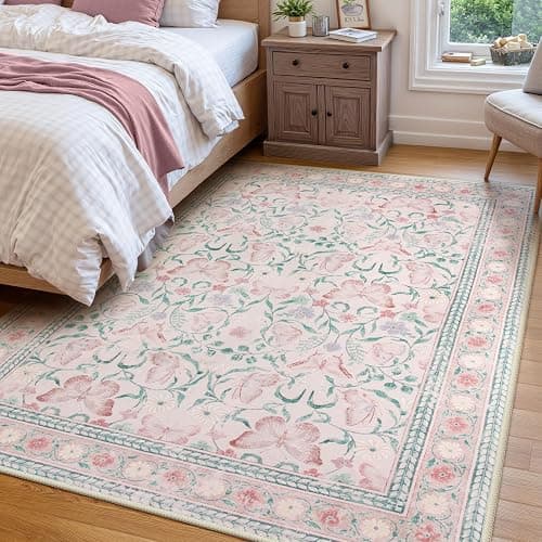 Beeiva Boho Washable Rugs 5x7, Pink Area Rug Carpet for Bedroom, Non Slip Butterfly Bedroom Rug with Low Pile, Distressed Ultra-Thin Floral Indoor Floor Carpet for Nursery (Pink,5'x7') thumbnail 8