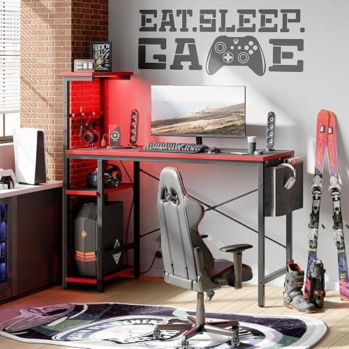 Bestier Gaming Desk with Power Outlets, 44 Inch Led Gamer Desk with 4 Tiers Reversible Shelves, PC Gaming Table with Headset Hook & Side Storage Bag for Bedroom (Black 3D Carbon Fiber) thumbnail 7