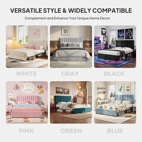 Welzona Full Upholstered Bed Frame with Headboard, Velvet Upholstered Metal Platform Bed with Vertical Channel Tufted Headboard, 3-Level Height, Metal Slat Support, Noise-Free Easy Assembly, White thumbnail 6