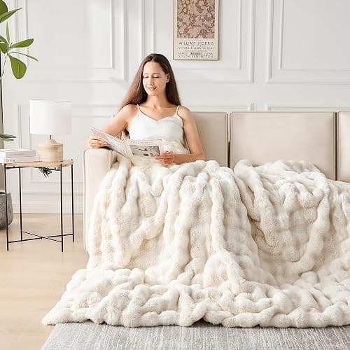 NORD ECO Luxury 1000GSM Faux Rabbit Fur Throw Blanket, Super Heavy Warm Cozy Blankets for Couch Bed Sofa, Bubble Plush Fuzzy Elegant Soft Reversible Mink Blanket for Living Room Bedroom, Cream White thumbnail 3