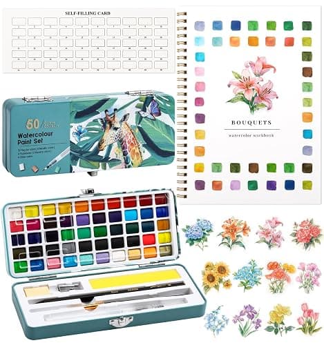 Watercolor Workbook, Water Coloring Book, 12 Different Patterns of Original DIY Designs, 50 Colors Watercolor Paint Set with Palette and Brush, Beginner-Friendly Watercolor Workbooks (Bouquets) - Image 1