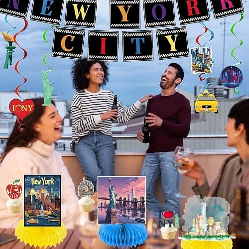 36PCS New York City Party Decorations with 2PCS American Nyc Banner 12PCS Cityscape Broadway Hanging Swirl Decorations 4PCS Honeycomb Centerpieces 24PCS New York Cupcake Toppers thumbnail 2