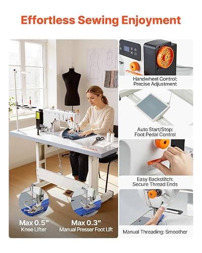 VEVOR Industrial Sewing Machine, 550W Lockstitch Sewing Machine Set with Servo Motor and Table Stand, 5000 SPM High Speed, Metal Frame, LCD Panel, LED Light, for Cotton, Wool, Denim, Leather, Canvas thumbnail 6