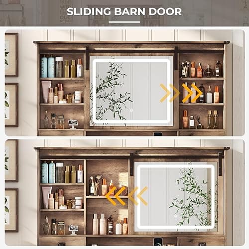 Makeup Vanity Desk with Lights, 47.2" Farmhouse Vanity Table with Sliding Mirror & Charging Station, Large Makeup Desk with 5 Drawers & 2 Cabinets, Rustic Oak thumbnail 7