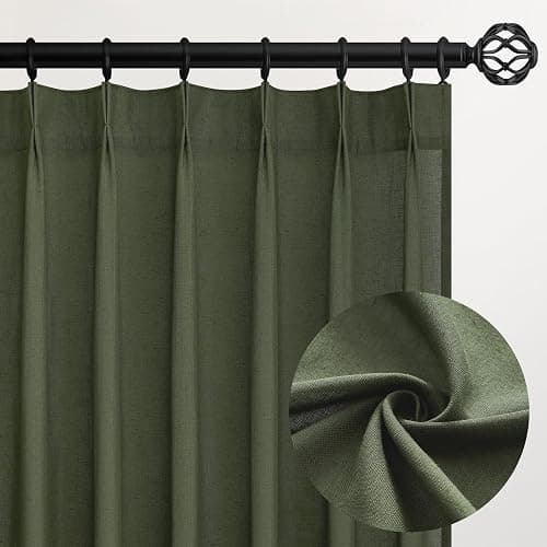 Pleated Linen Curtains 105 Inches Long for Living Room 2 Panel Set Olive Green Semi Sheer Light Filtering Pinch Pleat with Hooks Back Tab Drapes Neutral Boho 105 Inch Curtain for Bedroom Window - Image 1
