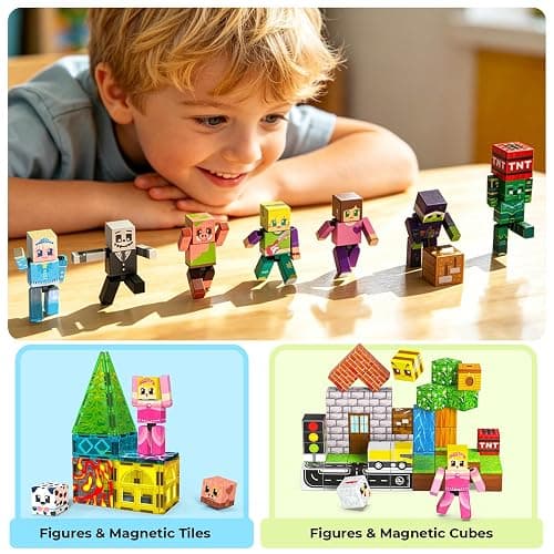 20 Pcs Magnetic Action Figures Playset, Magnetic Building Block Animal Cartoons Toys with Magnetic Cubes, 360° Rotating Arms and Legs, Creative Play Set for Kids 6+, Birthday Gifts for Boys Girls thumbnail 5