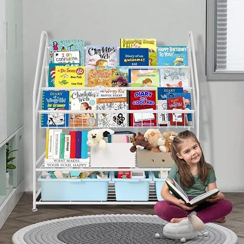 aboxoo Metal Kids Bookshelf Freestanding Bookcase for Children Room 32 in Large Toy Organizer Modern MinimalistWhite Stable Metel Bookstore Bedroom, Living, Library Book Unit Storage thumbnail 9