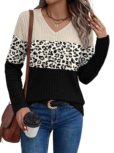 WIHOLL Womens Sweaters Trendy Tops Long Sleeve Shirts Fall Outfits Fashion | 2026 Fall Clothes, V Neck, Color Block, Lightweight, Cute, Soft thumbnail 3