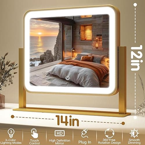 FENNIO Vanity Mirror with Lights 14x12 Inch - Makeup Mirror with Lights Tabletop, 3-Color Dimmable Lighted Mirror, Touch Control Desktop Mirror for Women (Gold) - Gold - 14"L x 12"W thumbnail 2