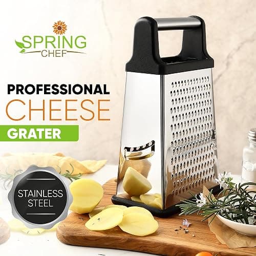 Spring Chef Professional Cheese Grater - Stainless Steel, XL Size, 4 Sides - Perfect Box Grater for Parmesan Cheese, Vegetables, Ginger - Dishwasher Safe - Black thumbnail 3