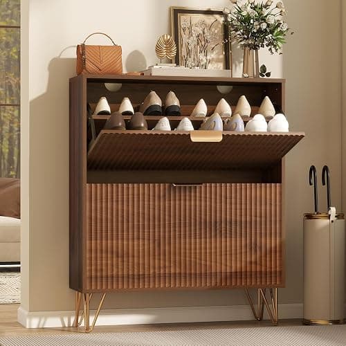 LYNCOHOME Fluted Narrow Shoe Storage Cabinet with 2 Flip Drawers, Freestanding Shoe Organizer for Entryway, Shoe Rack Cabinet with Adjustable Shelves, Walnut - Image 1