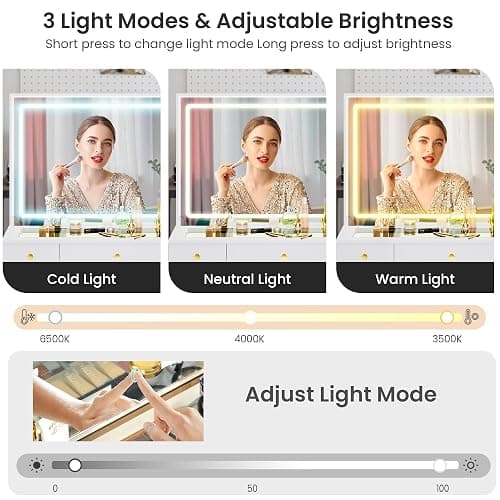 Pamapic Makeup Vanity Desk with Mirror and Lights, LED Light Strip Vanity with Glass Top, Crystal Knobs and Translucent Cabinet Doors, 3 Lighting Modes White Vanity with 3 Drawers thumbnail 8