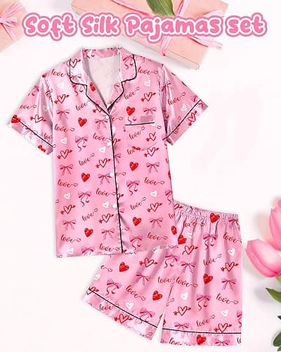 Sylfairy Girls Pajamas Silk PJS Set Pink Bow Satin Sleepwear Short Sleeve Jammies for Kids Button-Down Nightwear size 7-14 thumbnail 7