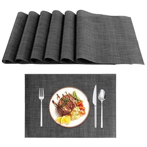 KEWUZY Tovagliette Lavabili, Set di 6 Tovagliette Colazione in PVC, tovagliette americane,Antiscivolo Resistenti al Calore, per Tavolo da Cucina - Nero - Image 1