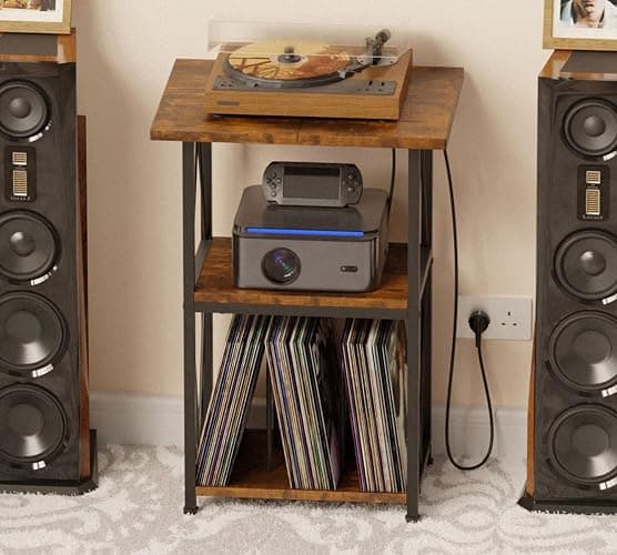 HFHOME 2025 Upgraded Extended Tabletop Record Player Stand with Charging Station, 3 Tier End Table with Vinyl Record Storage, Turntable Stand for Vinyl Player in Living Room Bedroom thumbnail 2