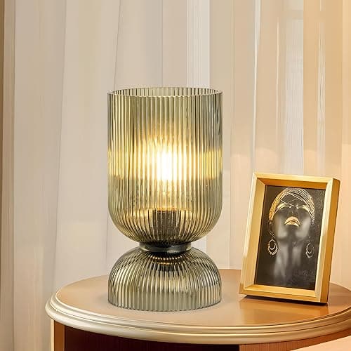 Gmrhndy Modern Table Lamp,Glass Mid Century Lamp with Green Glass Shade, Bedside Lamp with On/Off Switch, Minimalist Nightstand Lamp for Bedroom, Living Room, Office (Bulb not Included) - Image 1