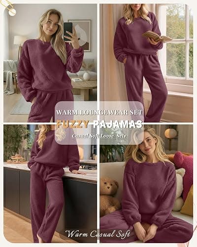 Oakgarden Women's Fuzzy Pajamas Sets Warm Fleece Loungewear Outfit Cozy Long Sleeve Fluffy Pullover Pant Set 2 Piece thumbnail 2
