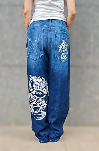 OATSBAS Unisex Y2K Hip-Hop Gothic Jeans Casual Baggy Oversize Streetwear Gragon Print Letter Graphic Retro Denim Pants thumbnail 2