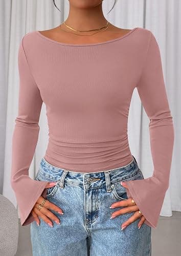 PRETTYGARDEN Women's Long Sleeve Shirts 2025 Fall Crop Going Out Tops Casual Boat Neck Bell Sleeve Ribbed Ruched Y2K Clothes thumbnail 7