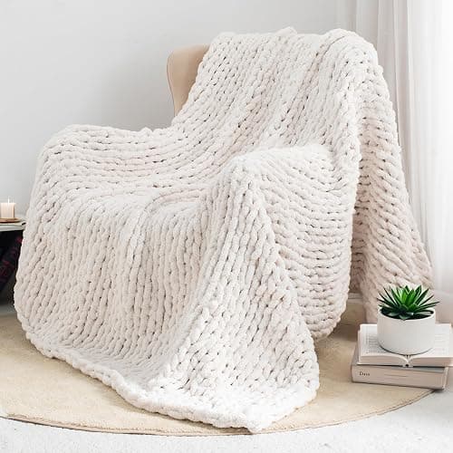 LONG CREATE Chunky Knit Throw Blanket 50"X 60", 100% Handmade with Soft Chenille Yarn, 4.4lbs Thick Cable Knitted Blankets, Large Rope Knot Crochet Throws for Couch Sofa Bed Home Decor, Cream White - Cream White - 50x60 inch thumbnail 7