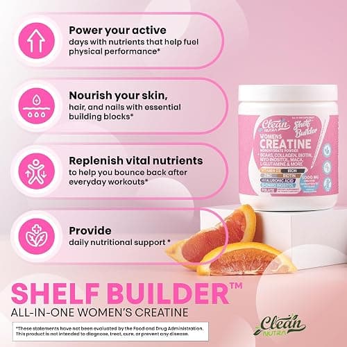 Creatine for Women | Creatine Monohydrate + BCAA Powder Myo-Inositol Collagen Biotin Hyaluronic Acid Folate L Glutamine Vitamin D3 Iron Zinc D-Chiro-Maca Digestion Shelf Builder by Clean Nutra thumbnail 5