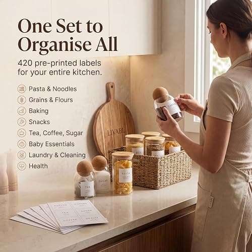 Livabl 420 UK Designed Pantry Labels for Jars - Stylish Minimalist Food White Labels Stickers for Jars | Kitchen Organisation - Durable Design for Long-Lasting Use | Includes Tea Coffee Sugar thumbnail 6