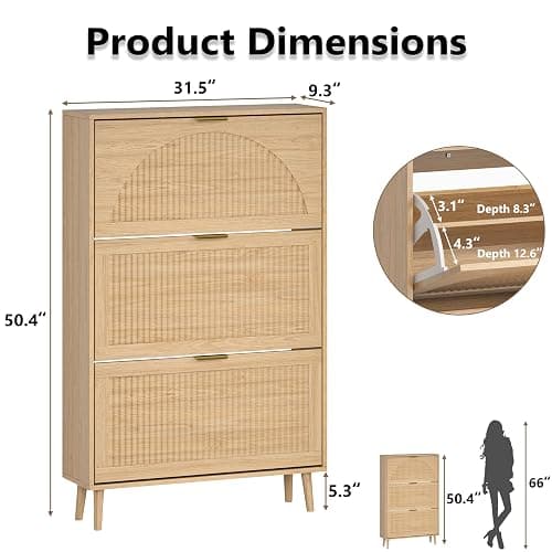 BORNOON Shoe Cabinet for Entryway with 3 Flip Drawers, Slim Wooden Shoe Storage Organizer with Modern Fluted Pannel，Freestanding Narrow Hidden Shoe Rack for Hallway, Foyer, Living Room thumbnail 2