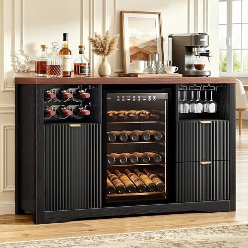 Coffee Bar Cabinet with Mini Fridge Space, 53"Wine Cabinets with Storage | Wood Fluted Liquor Sideboard Cabinet with Storage Drawer, Wine Rack,Glass Holder for Home,20"D x 53"W x 39.4"H-Black - Image 1