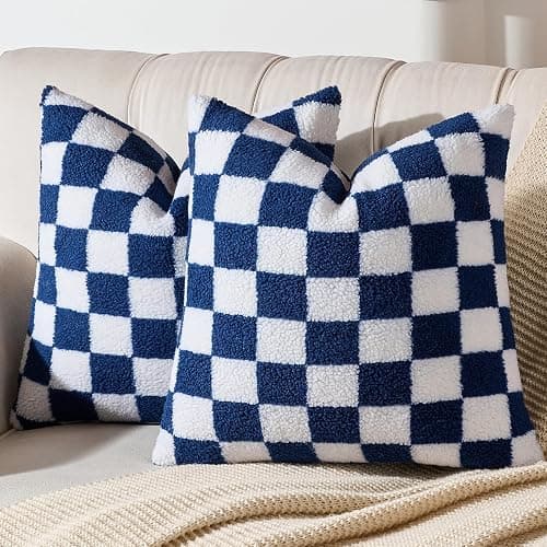 AmHoo Pack of 2 Decorative Throw Pillow Covers Checkerboard Luxury Super Soft Faux Fur Wool Set Case Cushion for Couch Sofa Bedroom 18 x 18-Inch Navy Blue thumbnail 2
