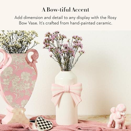 MACKENZIE-CHILDS Ceramic Vase, Unique Flower Vase, Table Decor for Living Room, Pink-and-White Rosy Bow thumbnail 4