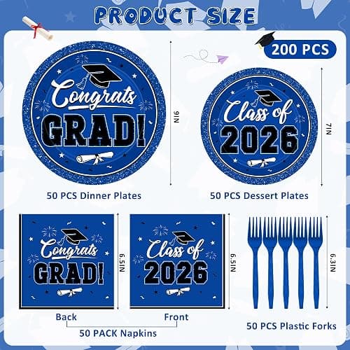 200Pcs Graduation Decorations 2026, Blue Graduation Plates and Napkins Party Supplies for 50 Guests, Disposable Grad Plates, Napkins, Dessert Plates and Forks for Grad Decor Wedding Birthday Supplies thumbnail 3