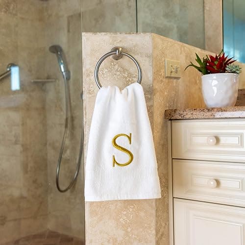 Decorvo Monogrammed Hand Towels for Bathroom - Luxury Hotel Quality Personalized Initial Decorative Embroidered Bath Towel for Powder Room, Spa - GOTS Organic Certified - Set of 2 Gold Letter S thumbnail 2