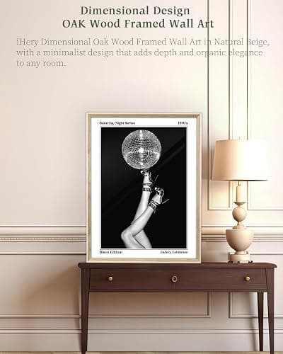 iHery 12x16in Natural Dimensional OAK Wood Trendy Disco Ball Retro Framed Wall Art, Modern Aesthetic 70s Canvas Wall Decor For Girly Dorm Bedroom Bathroom Living Room 1Pack thumbnail 7