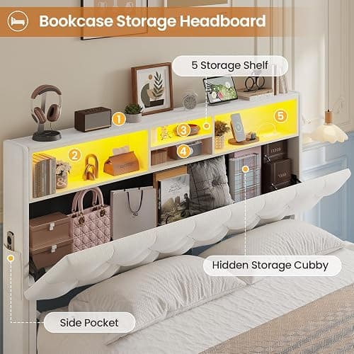 HAUOMS Full Size Bed Frame with Bookcase Headboard,LED Bed Frame with Charging Station, 4 Storage Drawer, Modern Velvet Upholstered Platform Bed with 5 Shelf, No Box Spring Needed, Creamy White thumbnail 3