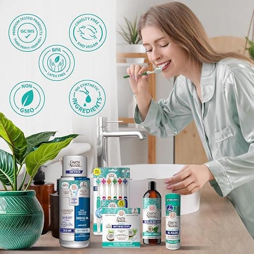 GuruNanda Total Smile Makeover Kit Regular with Cocomint Oil Pulling, Dual Barrel Whitening Mouthwash, Whitening Strips & Butter on Gums Toothbrushes thumbnail 8