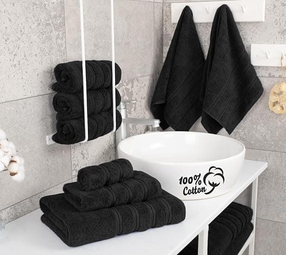 American Soft Linen Luxury 6 Piece Towel Set, 2 Bath Towels 2 Hand Towel 2 Washcloths, 600 GSM 100% Cotton Turkish Towels for Bathroom, Black Towel Sets thumbnail 2