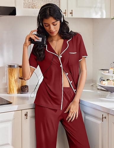 Ekouaer Pajamas for Women Set Button Up Soft Pjs Short Sleeve 2 Piece Lounge Sets Comfy Sleepwear thumbnail 3
