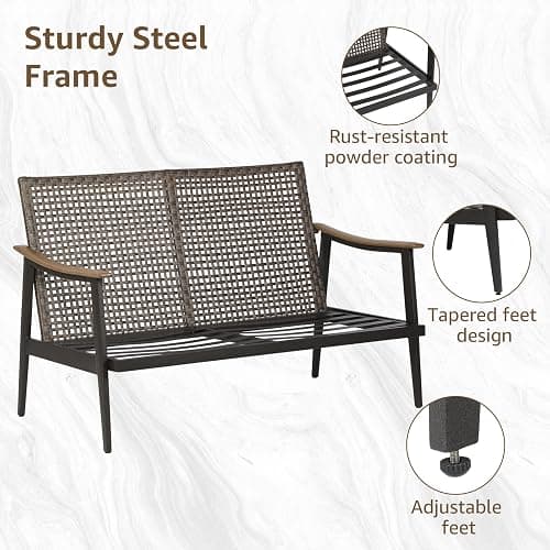 NATURAL EXPRESSIONS Patio Loveseat Sofa Outdoor Furniture Metal Chair with Wicker Backrest & 6 Inches Cushion for Indoor, Front Porch, Deck, Balcony, Backyard, 51.77"(L) x 29.75"(W) x 33.86"(H). thumbnail 7
