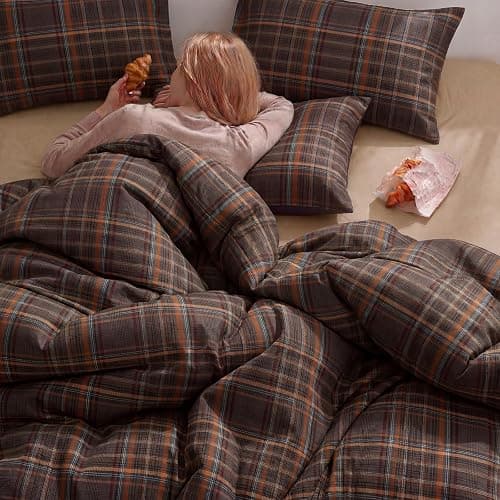 Cozaline 100% Cotton Vintage Plaid Duvet Cover Queen Size - Dark Gray and Burnt Orange Checkered Pattern Duvet Cover Set with Zipper Closure, 3 Pieces Soft & Breathable Bedding Set for All Seasons thumbnail 2