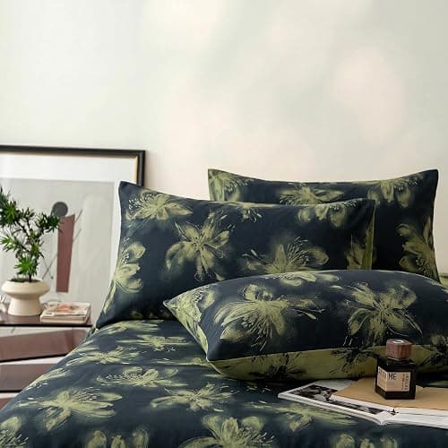 Purefair 100% Cotton Gauze Jacquard Comforter Set, Floral Lily Bloosom Print, Soft 2 Layers Reversible Lightweight 3 Piece Bedding Sets for All Season, Green Black, Full/Queen(90"x90") thumbnail 5