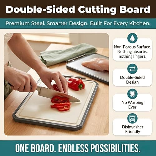 HOMEEZEE Double Sided Cutting Boards for Kitchen, Stainless Steel Cutting Board for Meat, Wheat Straw PP Large Chopping Board for Vegetables, Easy to Clean, Juice Grooves, 16"L * 11"W thumbnail 6