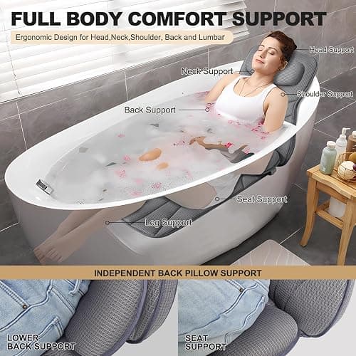 Extra Long Thick Full Body Bath Pillow for Tub with Lumbar Pillow- Luxury 4D Air Mesh Bathtub Pillow with Head, Shoulder & Back Support, Non-Slip Bath Cushion with Suction Cups (Gray) thumbnail 3