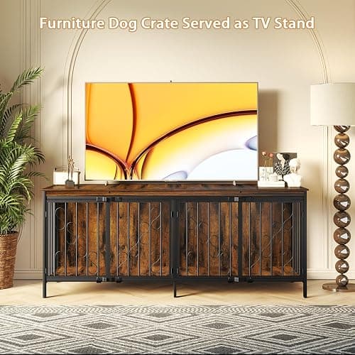 COZPAW 71" Double Dog Crate with Elevated Legs, Brown | Extra-large kennel for 2 dogs, 5,5" raised legs for robot vacuum access, Heavy-duty steel & wood, Modern TV stand thumbnail 7