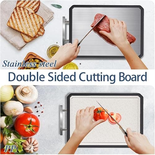 Stainless Steel Cutting Boards for Kitchen, 2-in-1 Chopping Boards | Metal Cutting Board Non Toxic, Food Grade Stainless Steel/Wheat Straw PP, Dishwasher Safe, Large for Meat, 16”×11” thumbnail 4